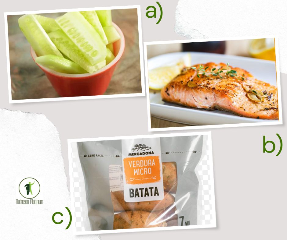 Palitos de pepino con salmon con hiervas y boniatos en el microondas.